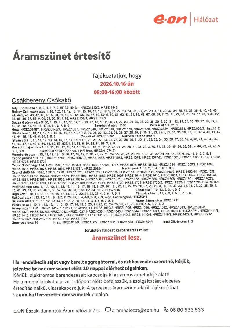 Áramszünet 2026.10.16. — Csákberény, Csákberény