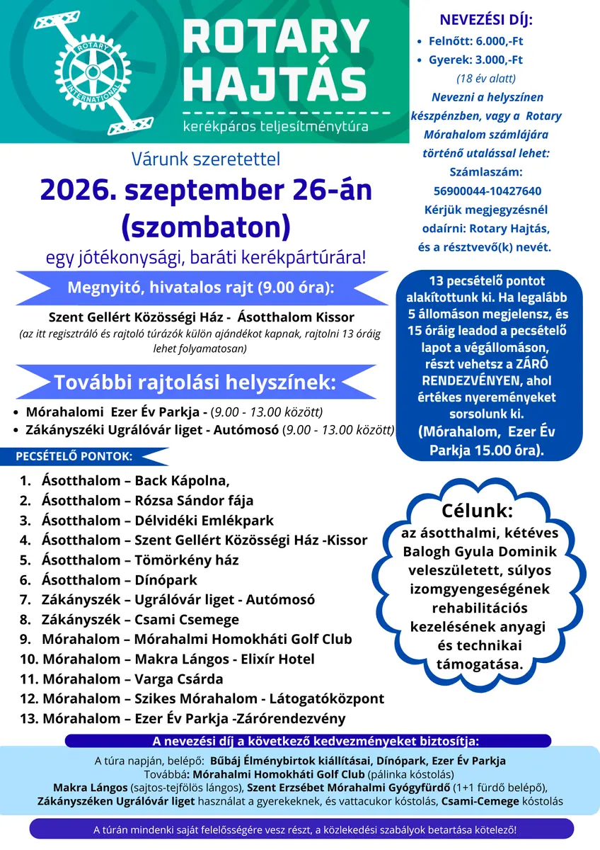 Rotary Hajtás 2026 – Tekerjünk együtt egy jó ügyért — ezer év parkja, Mórahalom