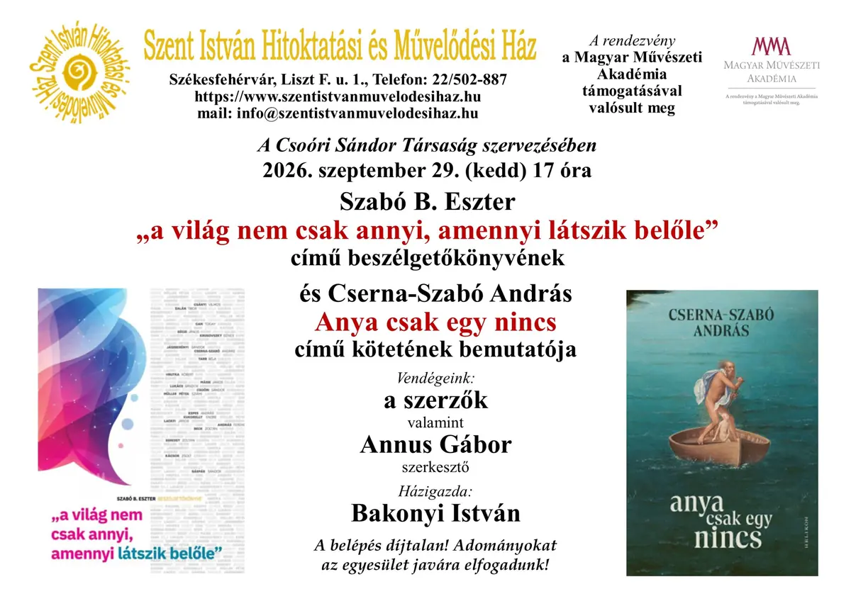 Szabó B. Eszter könyvbemutatója Cserna-Szabó András · Szent István Terem, Székesfehérvár