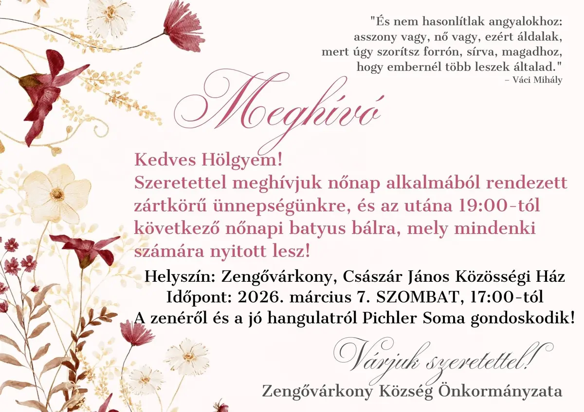 Nőnapi rendezvény – március 7. 17:00 · Zengővárkony, Zengővárkony