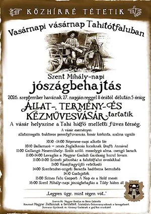 Vasárnapi vásárnap Tahitótfaluban 2026. szeptember 27. — Tahitótfalu, Tahitótfalu