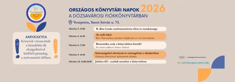 Országos Könyvtári Napok a Dózsavárosi Fiókkönyvtárban 2026 — Eötvös Károly Megyei Könyvtár, Veszprém
