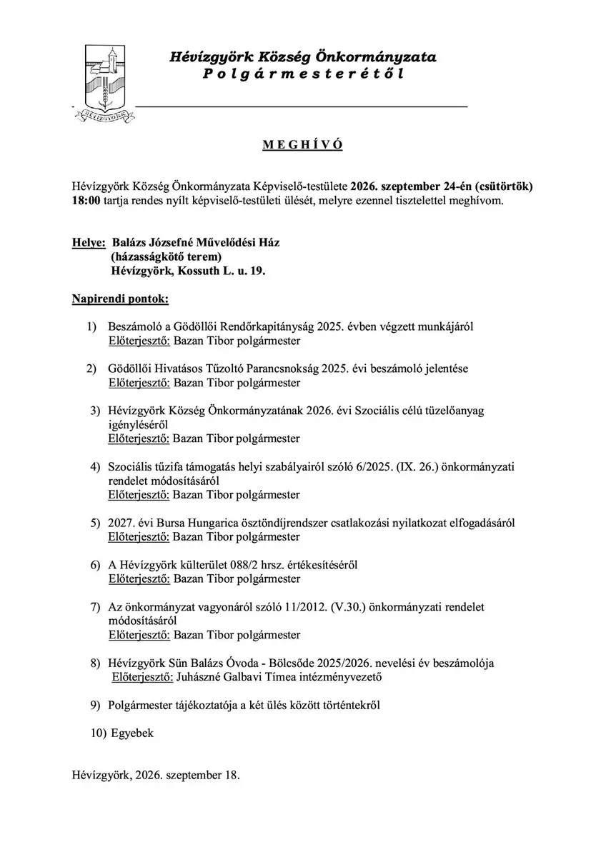 Meghívó képviselő-testületi ülésre 2026.09.24 — Hévízgyörk, Hévízgyörk