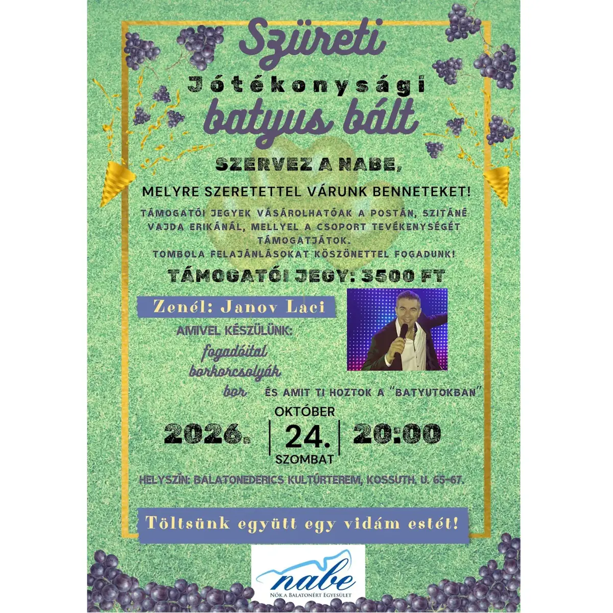 Szüreti jótékonysági batyus bál — Balatonederics kultúrterem, Kossuth u. 65-67