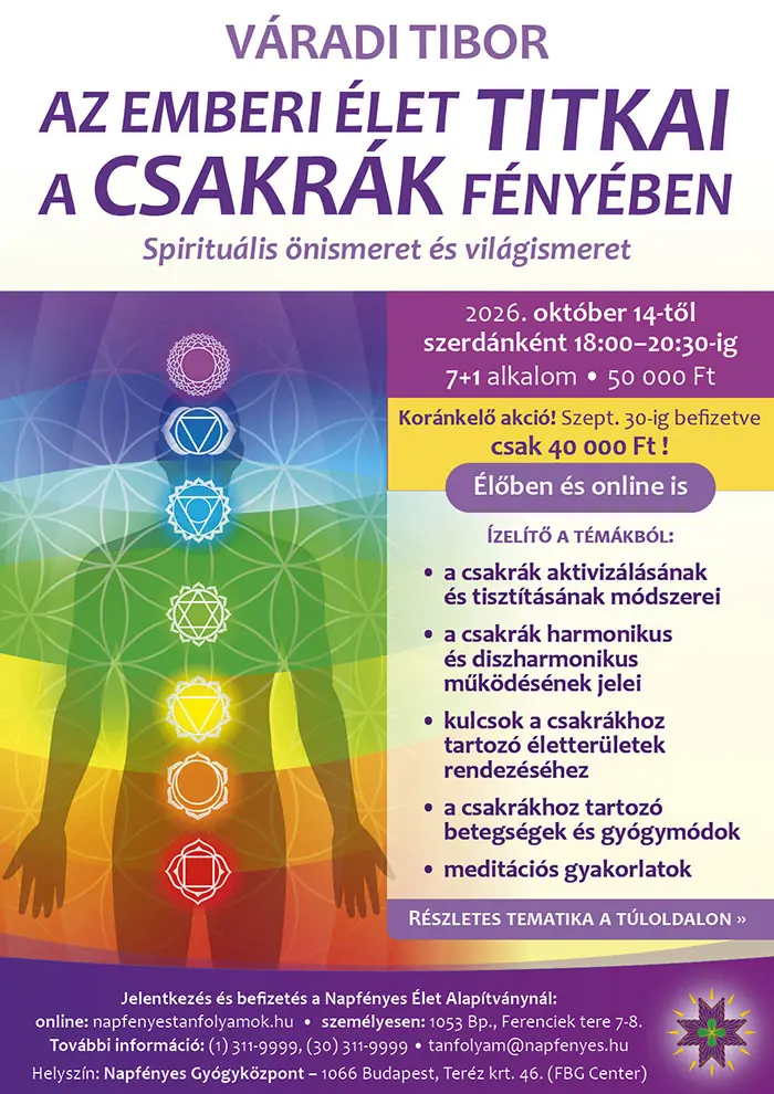 Az emberi élet titkai a csakrák fényében – spirituális önismeret és világismeret — Napfényes Élet Alapítvány, Budapest