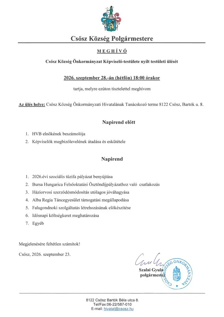 Meghívó Képviselő-testületi ülésre · Csősz, Csősz