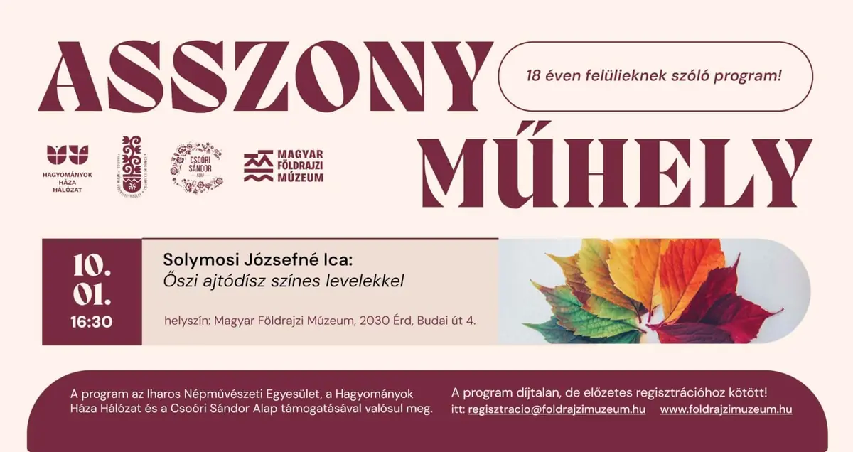 Asszonyműhely: Solymosi Józsefné Ica – Őszi ajtódísz színes levelekkel · MÚZEUM, Érd