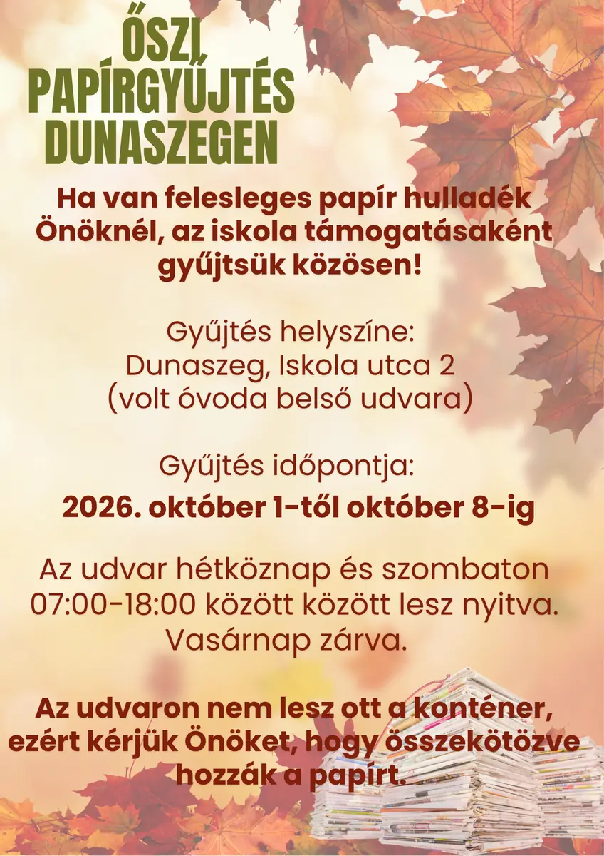 Lakossági tájékoztató - Őszi papírgyűjtés az iskola részére · Dunaszeg, Dunaszeg
