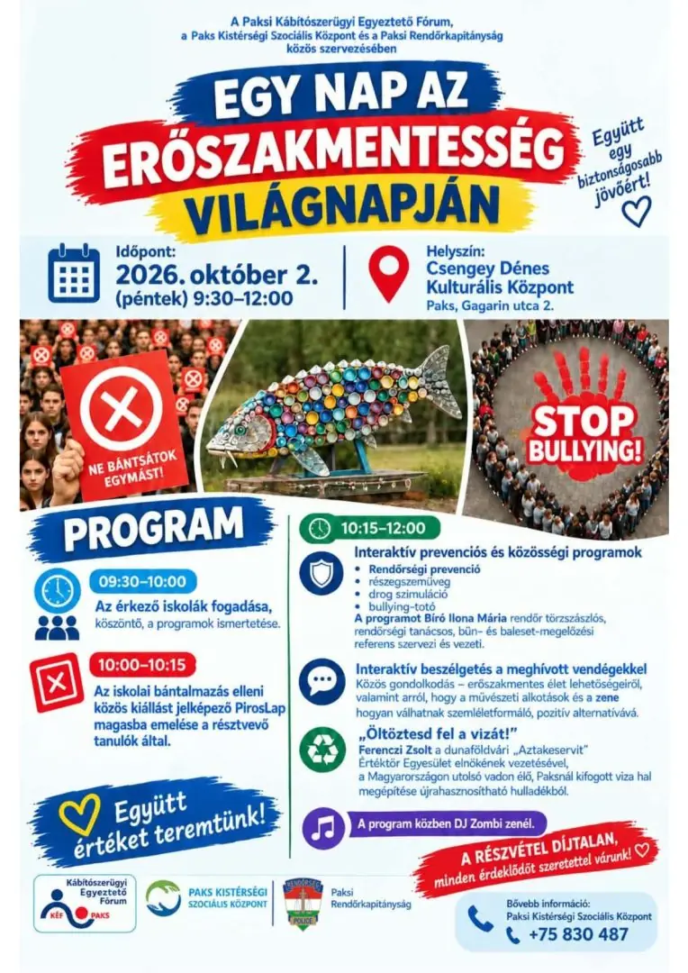 Erőszakmentesség világnapja – 2026. október 2. 09:30-12:00 · Csengey Dénes Kulturális Központ, Paks