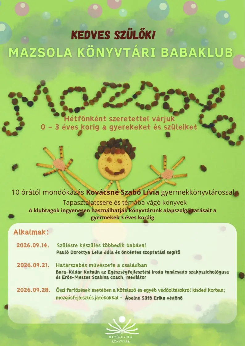 A Mazsola Babaklub 2026 szeptemberi programjai — Tolna Megyei Illyés Gyula Könyvtár, Szekszárd